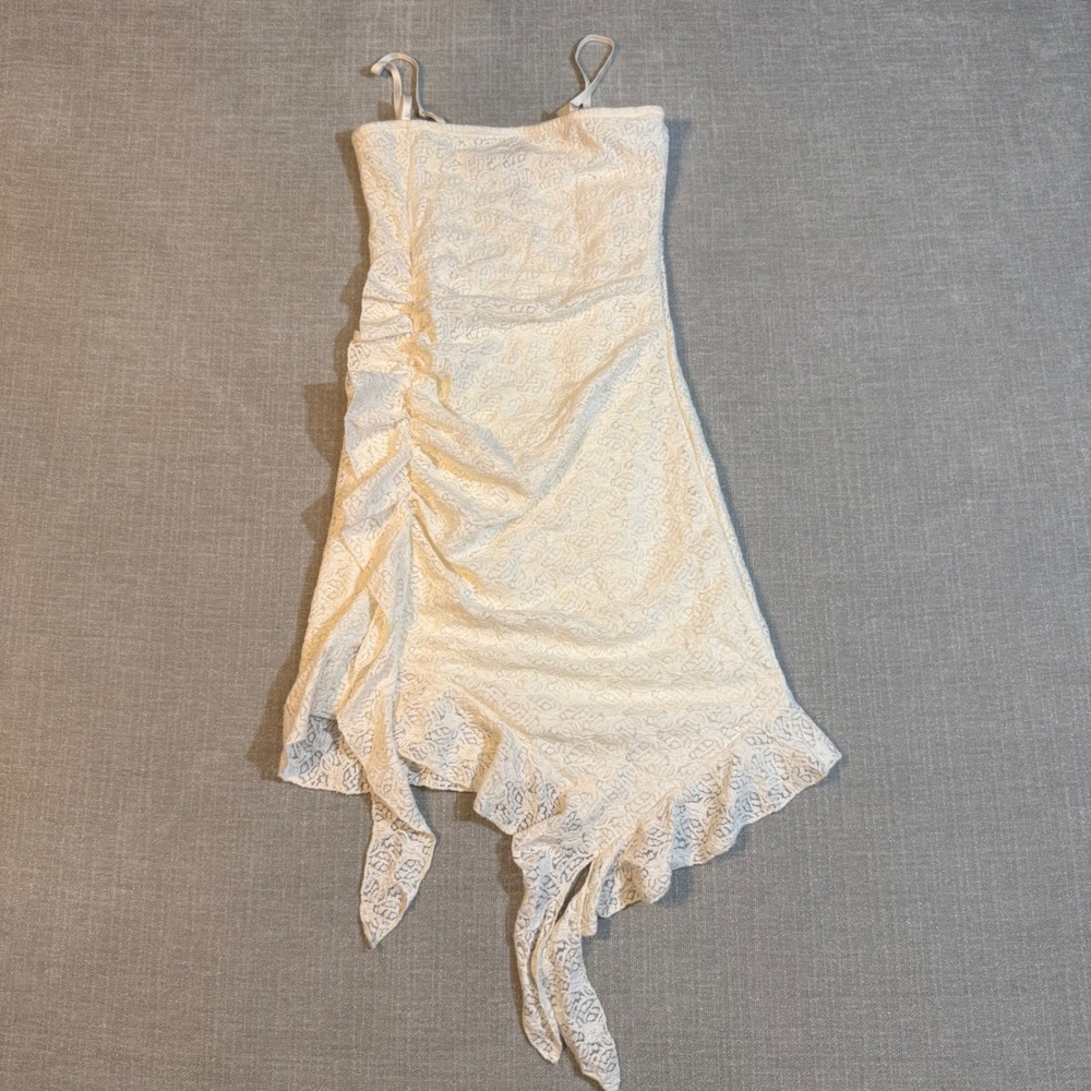 White Lace Ruched Mini Dress Size Large Cream Asymmetrical Ruffle Hanky Hem